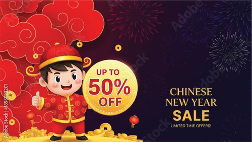 Vibrant Chinese New Year celebration with cartoon character in traditional attire amidst festive fireworks and discount offer