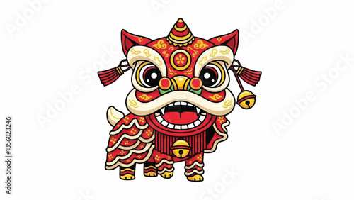 Vibrant lion dance performance during Chinese New Year celebration in traditional costume