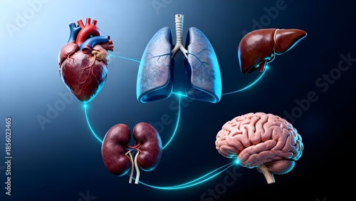 3D illustration of human vital organs including heart, lungs, liver, kidneys and brain connected by glowing lines, symbolizing anatomy, medical diagnostics and complex body systems.