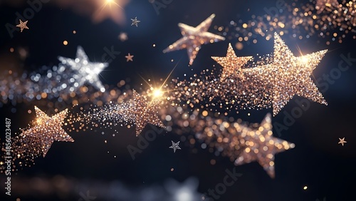 Golden stars shining brightly in dark space with sparkling glitter