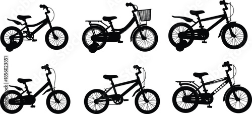 Silhouettes of various bicycles in different styles and angles