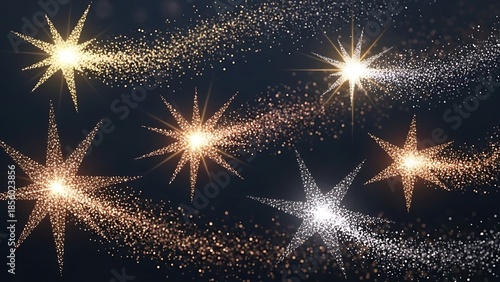 Sparkling golden and white starbursts on dark background
