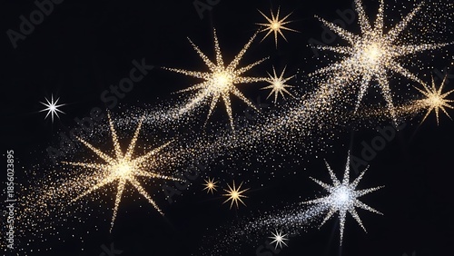 Sparkling fireworks exploding in night sky with golden and white bursts