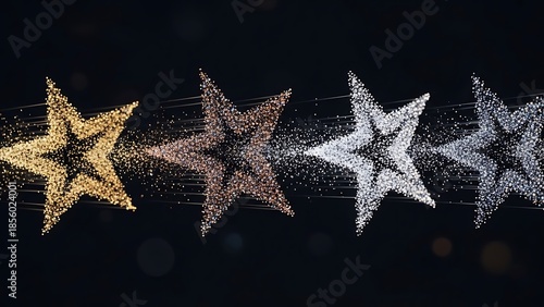 Sparkling gold, bronze, and silver stars shining brightly in night sky