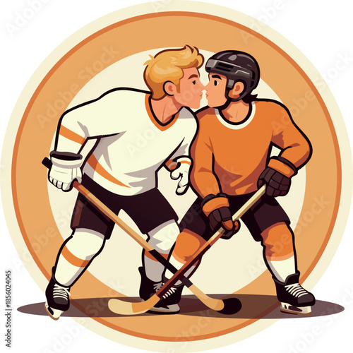 Young brunette guy hockey player presses his nose to nose of blonde guy hockey player. Round sports print with noses clash (vector)