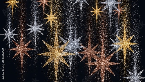 Sparkling golden, silver, and bronze stars on black background