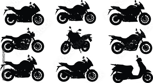 Silhouettes of various motorcycles in different poses