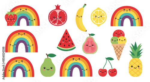 Collection of kawaii style fruit characters and rainbows with cute smiling faces and pink cheeks for fun sticker and nursery designs.