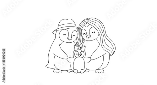 Heartwarming cartoon penguin family illustration with two parents embracing a small baby chick using simple black and white line art.