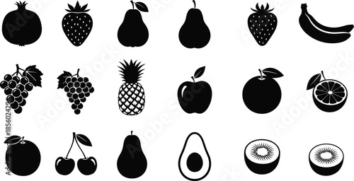 Variety of fresh fruit icons in black silhouette
