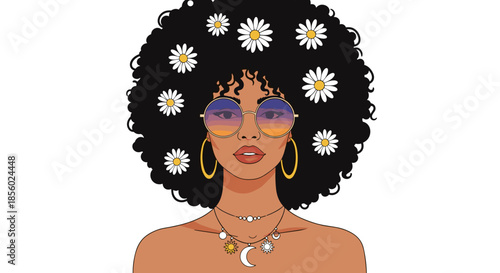 Striking portrait of a woman with a large curly afro hairstyle adorned with many white daisies and wearing trendy round sunglasses.
