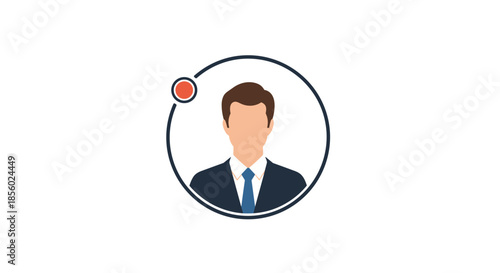 Professional male avatar icon in a formal business suit and blue tie within a circular frame featuring a small orange recording indicator dot.