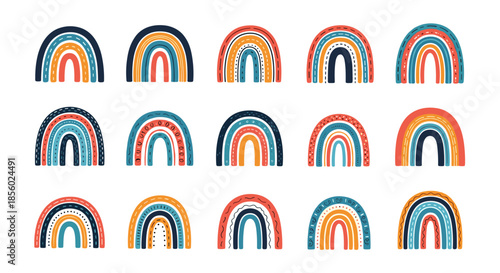Collection of colorful hand drawn rainbow illustrations in various shapes and patterns isolated on a plain white background for children designs.