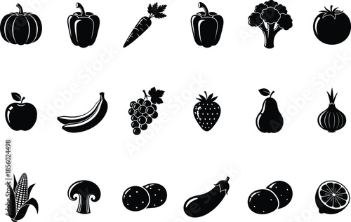 Variety of fresh fruits and vegetables icons