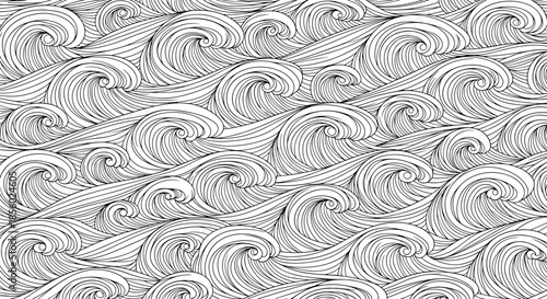 Detailed black and white wave pattern illustration featuring intricate swirling lines and curls reminiscent of traditional japanese ocean waves.