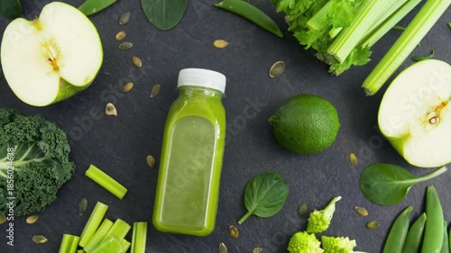 Fresh Green Detox Juice in a Plastic Bottle Surrounded by Healthy Ingredients like Kale, Apple, Celery, and Lime on a Dark Slate Background - Top View