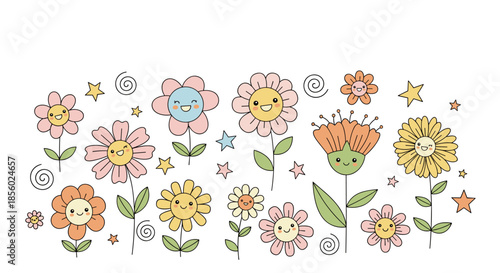 Collection of smiling daisy and wildflower characters with twinkling stars and swirls in a soft pastel color palette for children designs.