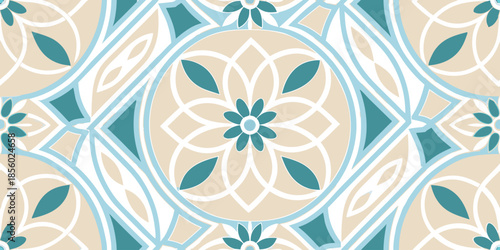 Geometric floral seamless vector pattern with symmetrical tile motifs soft beige and teal decorative illustration design