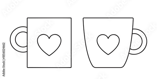 Set of Valentine's Day Mug Outline.
Simple Shape Valentine's Day Coffee Cup Coloring Page With Template.
White background.