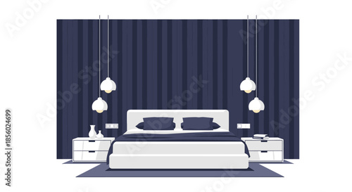 Contemporary luxury bedroom interior featuring a large white bed with dark pillows, pendant lights, and a dark blue vertically striped feature wall.