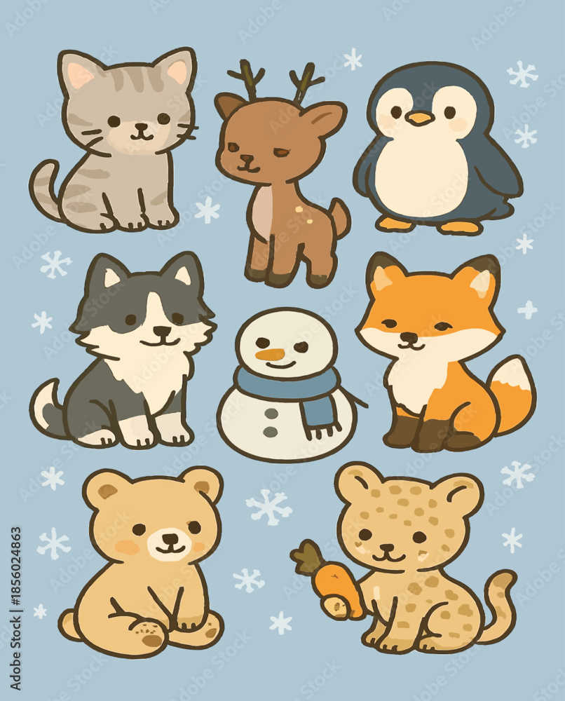 Naklejka premium A cute vector cartoon set of funny baby farm and zoo animals, including a cat, dog, cow, bear, lion, rabbit, tiger, horse, pig, elephant, and sheep