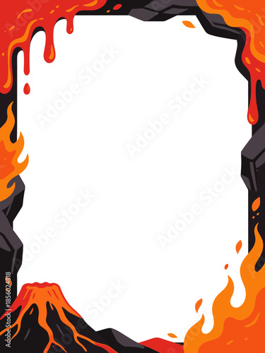 Volcanic Eruption Border Design with Lava Flow and Fire Flames Illustration for Educational Science Projects and Creative Text