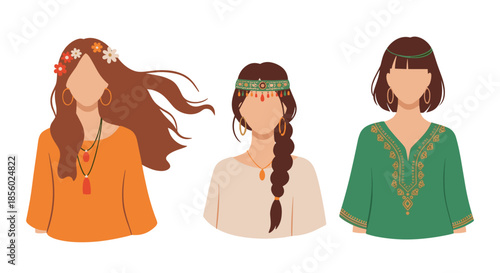 Three diverse women avatars featuring boho chic hairstyles and fashion accessories like headbands earrings and floral crowns for icons.