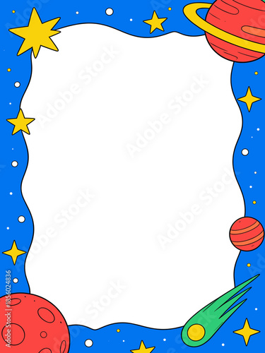 Outer Space Theme Border with Planets Stars and Comet Illustration for Educational Astronomy Posters and Children Creative Writing
