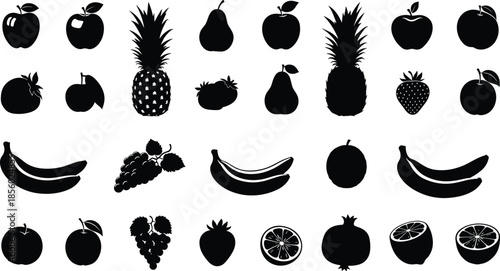 Variety of fruit silhouettes on white background
