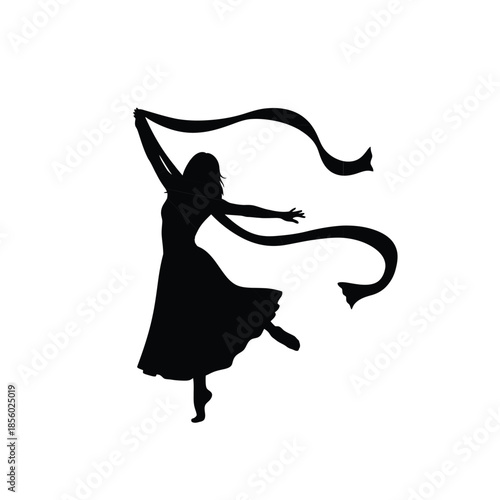 Silhouette of a woman performing ribbon dance, elegant female dancer with long flowing ribbons isolated on white background.