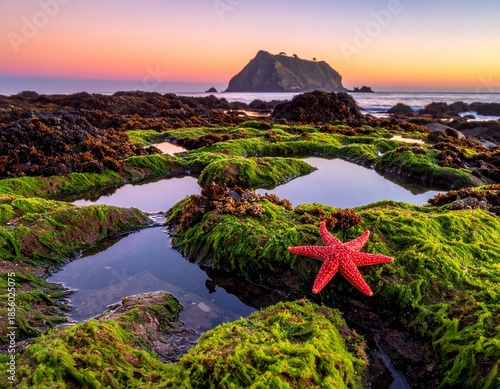 AI Generated Mountain Landscape with Green Hills and Dramatic Sky and star fish