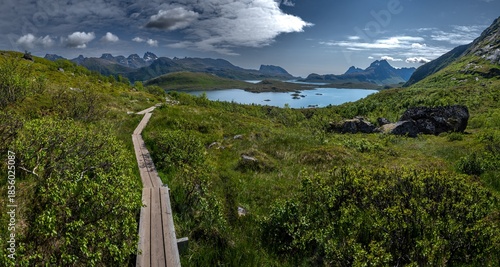 Kvalvika Beach Trail With View Over Torsfjorden Near Fredvang On Lofoten Islands In Norway