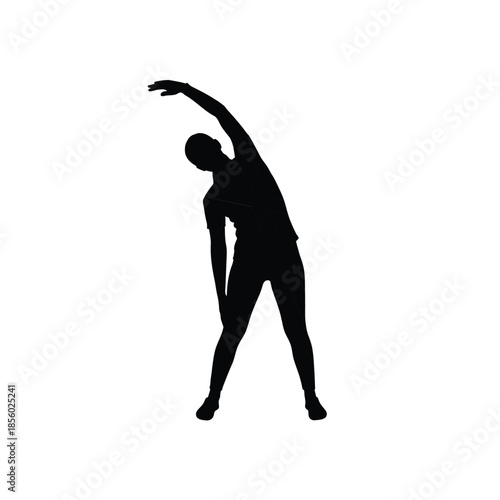 : Woman silhouette doing side stretch exercise isolated on white background, fitness and yoga concept vector illustration