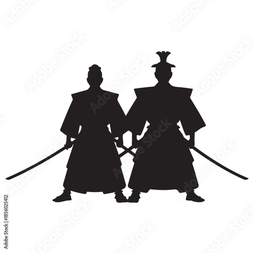 Two samurai silhouette standing back to back holding swords martial arts concept