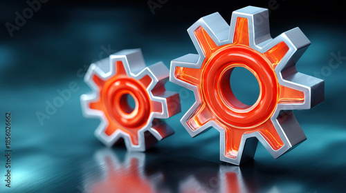Gear cog holographic glowing orange metallic technology concept two interlocking holographic orange gear cog glowing metallic technology concept