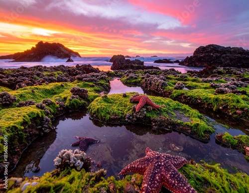 AI Generated Mountain Landscape with Green Hills and Dramatic Sky and star fish