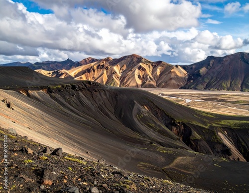 AI Generated Mountain Landscape with Green Hills and Dramatic Sky and star fish
