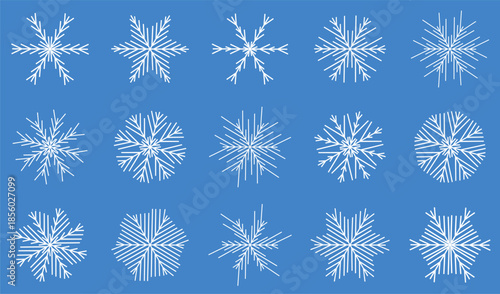 various shapes of snowflake icons, isolated on a blue background