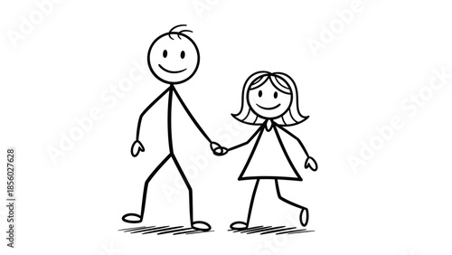 Hand drawn vector illustration of a smiling family including a mother with her daughter and son alongside a girl and boy sharing love in a cartoon art sketch