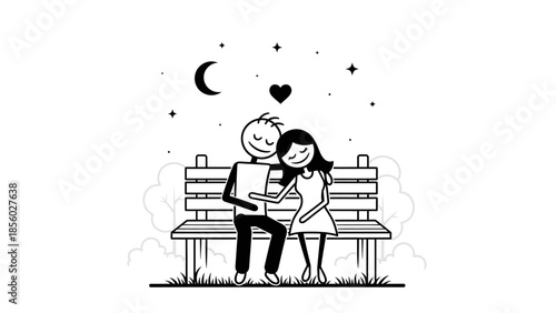 A romantic couple sits on a park bench under a crescent moon and stars, embracing each other.
