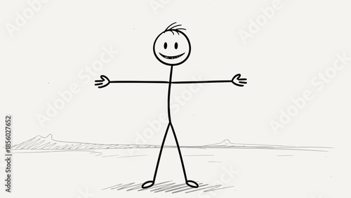 A simple stick figure with outstretched arms and a smiling face stands in a minimalist landscape.