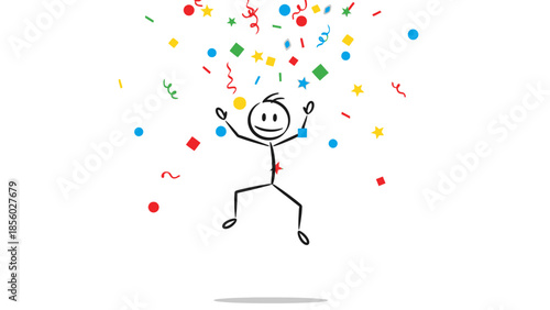 A joyful stick figure jumps in the air surrounded by falling confetti and colorful shapes.