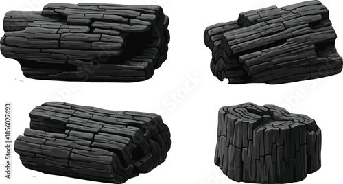 Natural black charcoal and burnt wood log vector set featuring detailed charred textures and organic timber shapes isolated on white background
