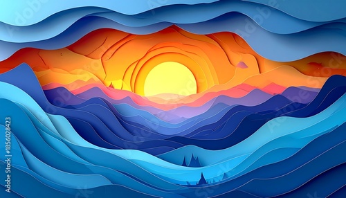 A layered paper art piece depicts a sunset. Blue waves frame an orange and yellow sun rising above stylized mountains
