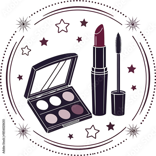 Dark purple lipstick eyeshadow palette and mascara wand with stars and celestial elements makeup cosmetics