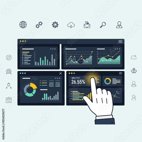 A hand interacts with a collection of digital screens displaying various graphs and charts.
