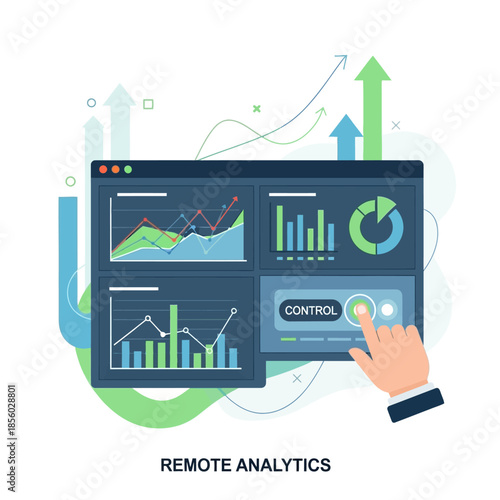 A hand interacts with a computer screen displaying various colorful graphs and charts in a remote analytics setting.