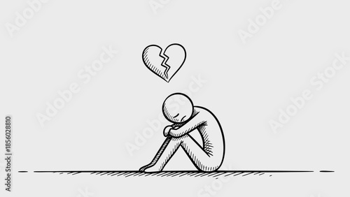 A simple, minimalist drawing depicts a person sitting alone with their knees pulled to their chest, symbolizing sadness and heartbreak.