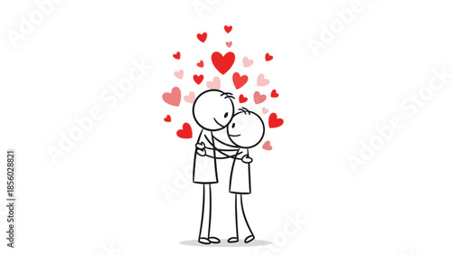 A stick figure couple holding hands under an umbrella, with small hearts falling around them.