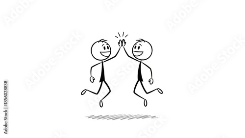 Two stick figures joyfully high-fiving each other while jumping in the air.